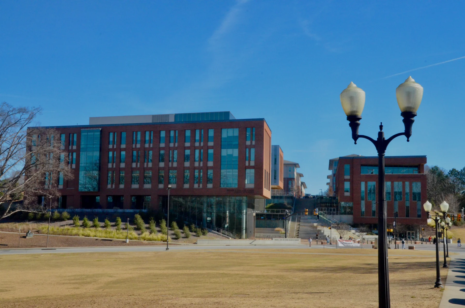 Campus building and street lamps