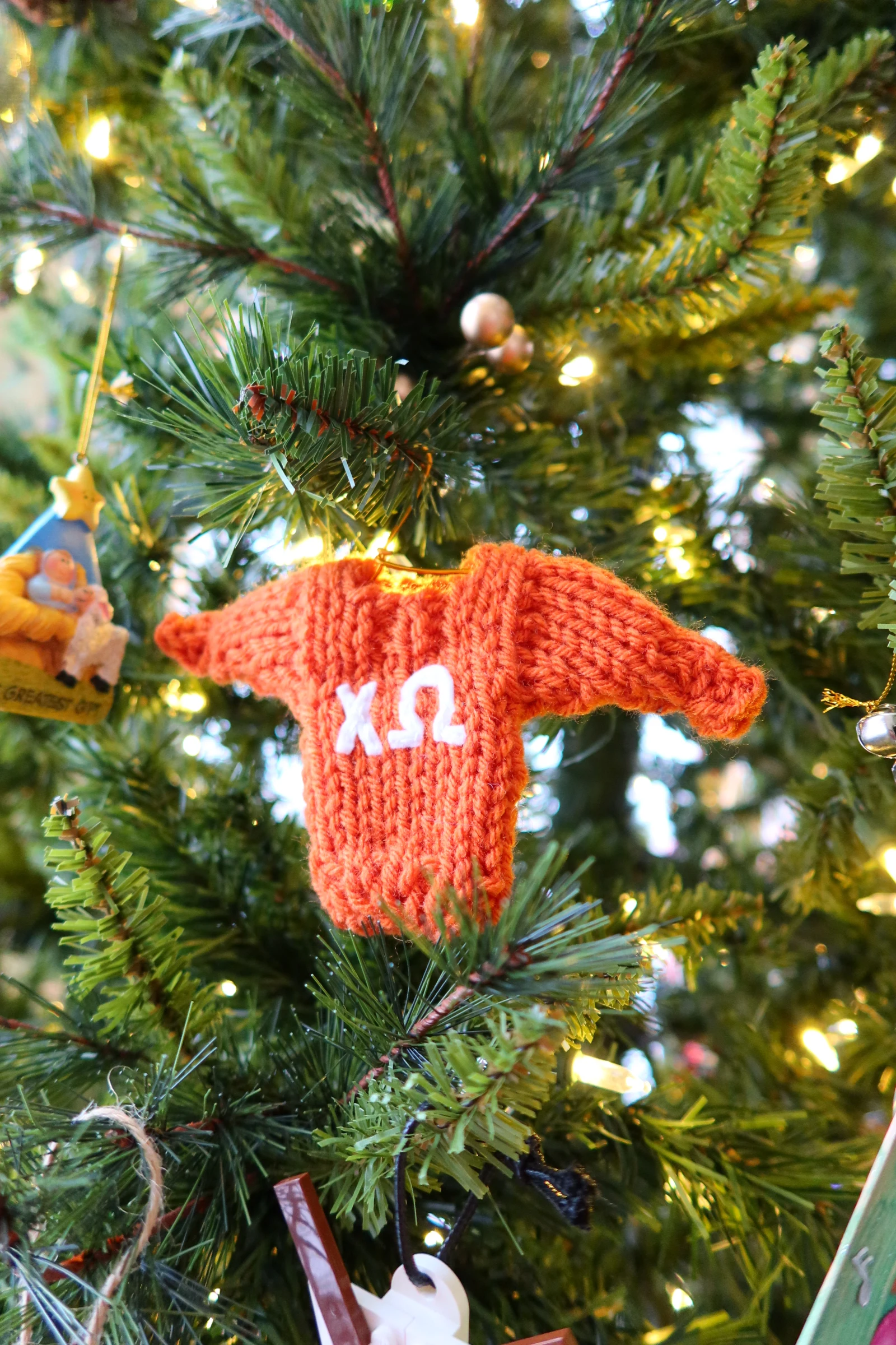 Knitted Chi Omega sweater ornament